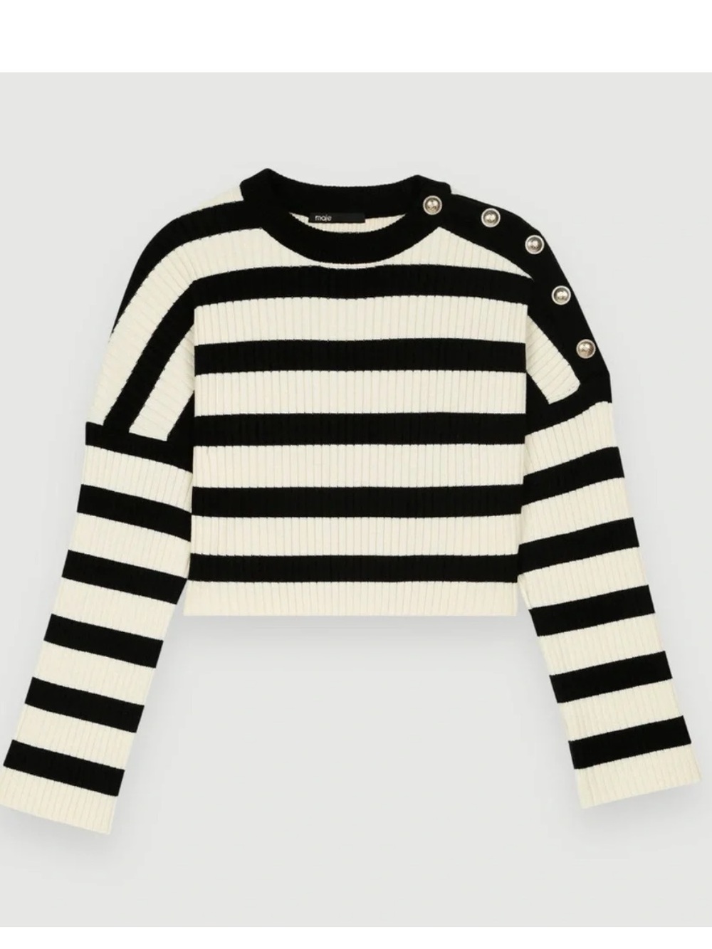 Maje Striped Black & White Button-Shoulder Cropped Sweater